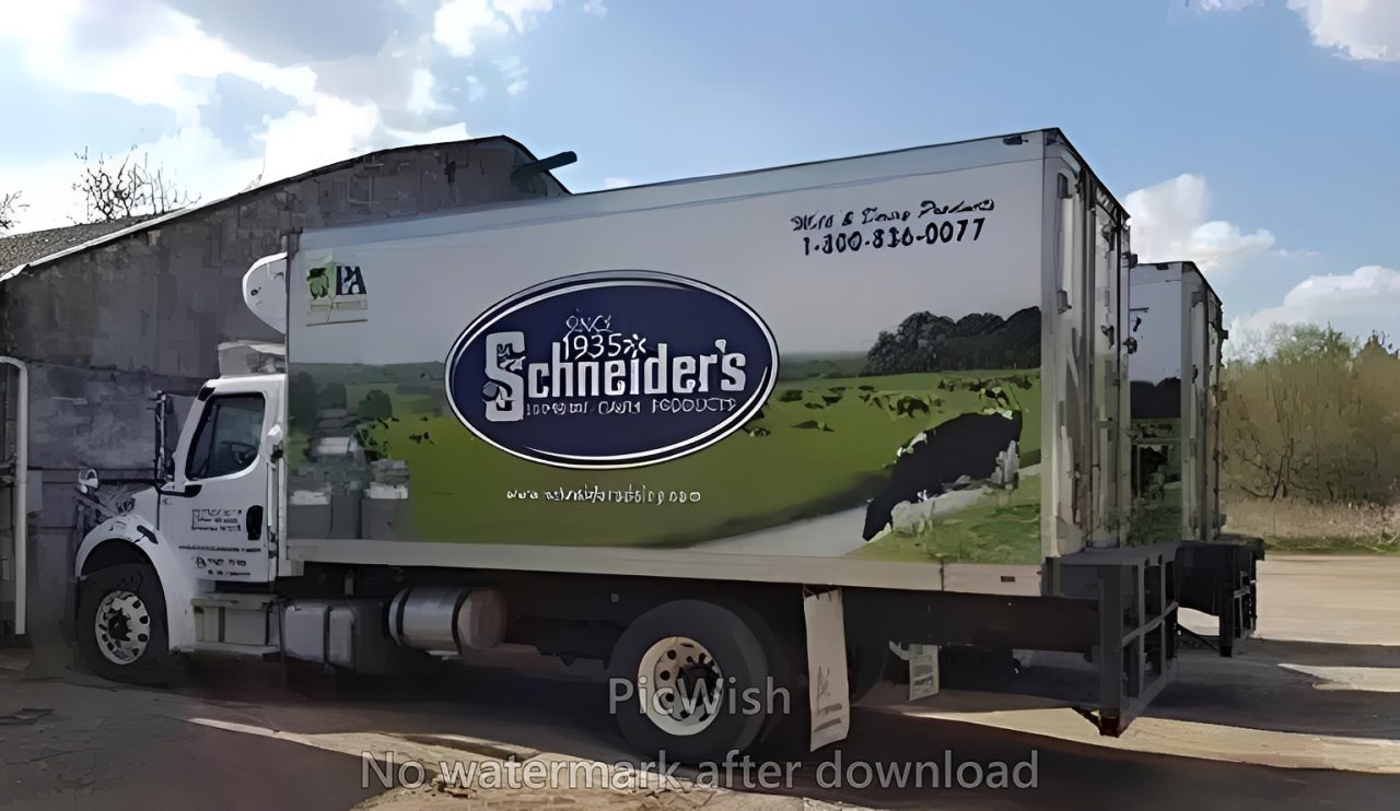 Schneider's dairy truck parked outside