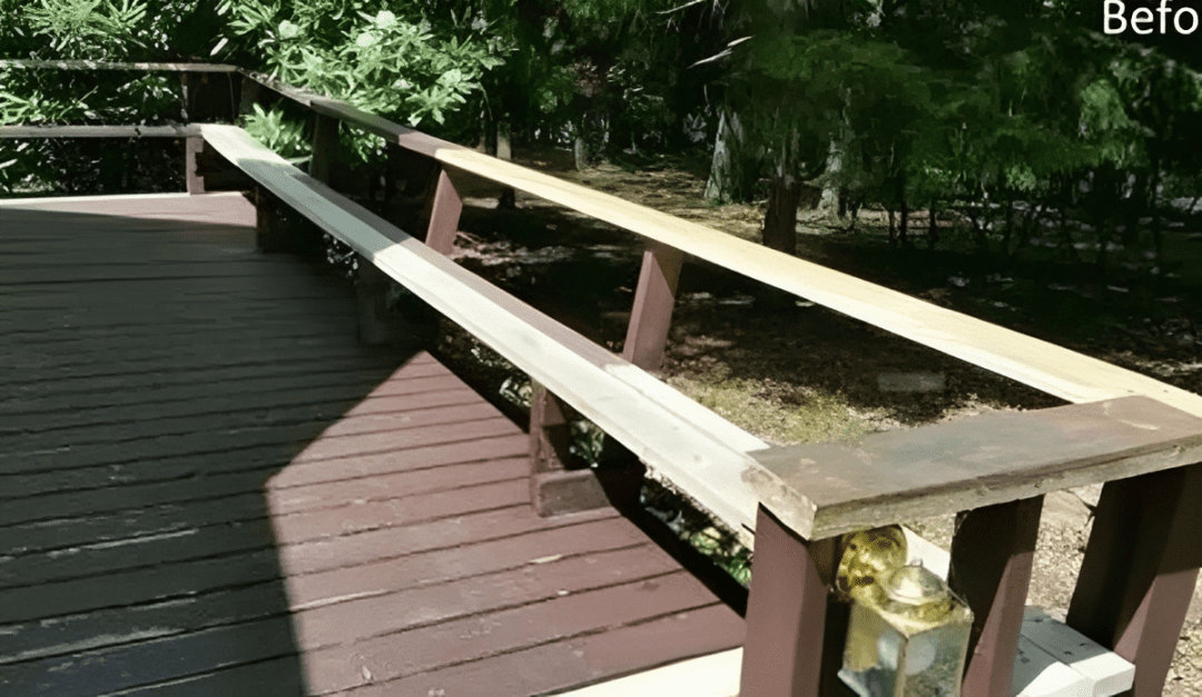 Sunlit deck with wooden railing