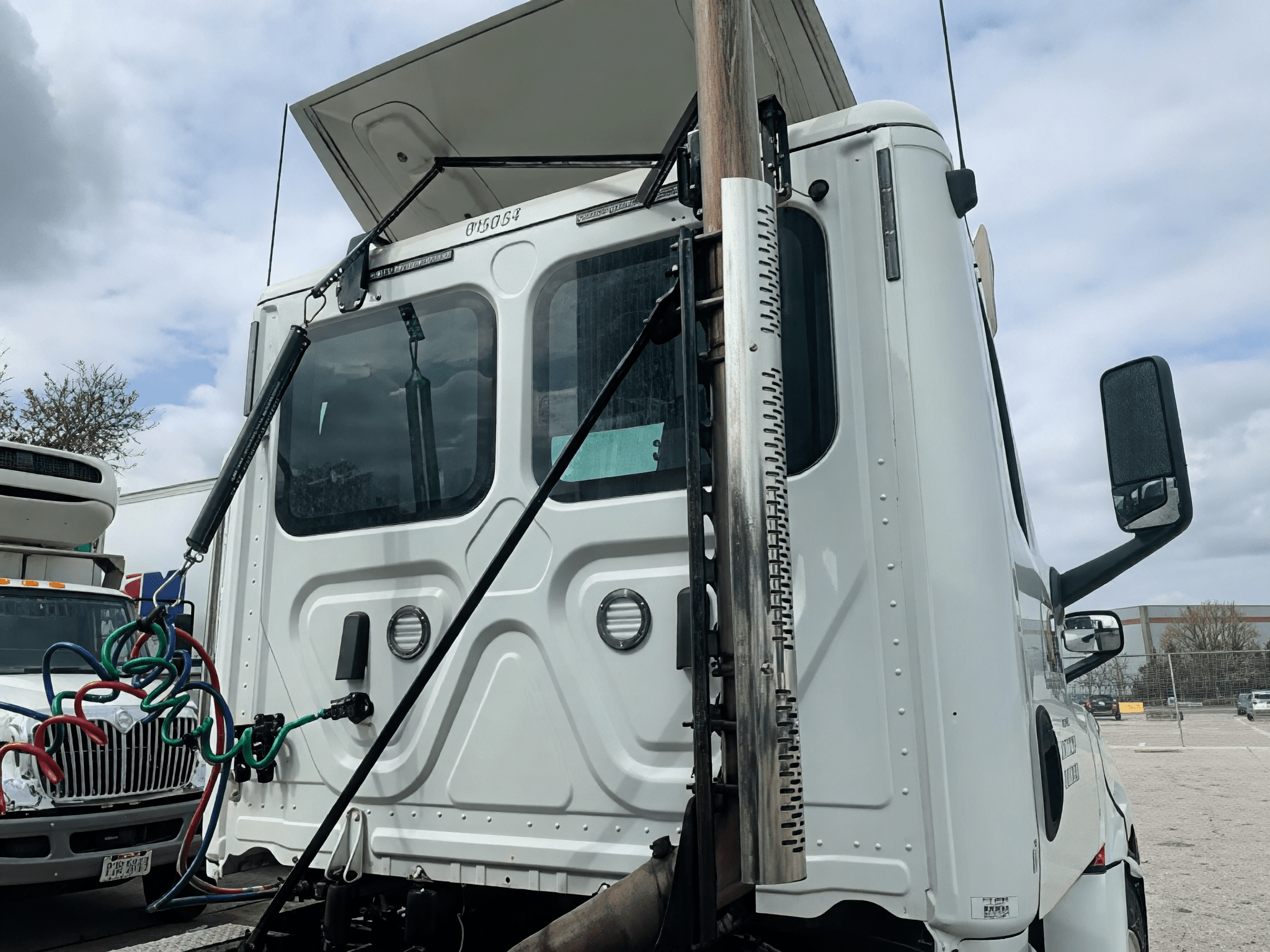 Rear view of white truck cab
